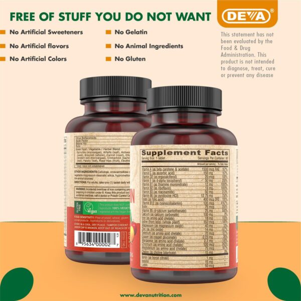 DEVA Vegan Multivitamin & Mineral Supplement - Vegan Formula with Green Whole Foods, Veggies, and Herbs - High Potency - Manufactured in USA and 100% Vegan - 90 Count (Pack of 2)