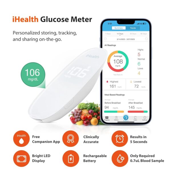 iHealth Gluco+ Wireless Smart Blood Glucose Monitor Kit with Free App, 100 Glucometer Strips, 100 Lancets, 1 Blood Sugar Monitor, 1 Lancing Device, Portable Diabetes Testing Kit for Home Use
