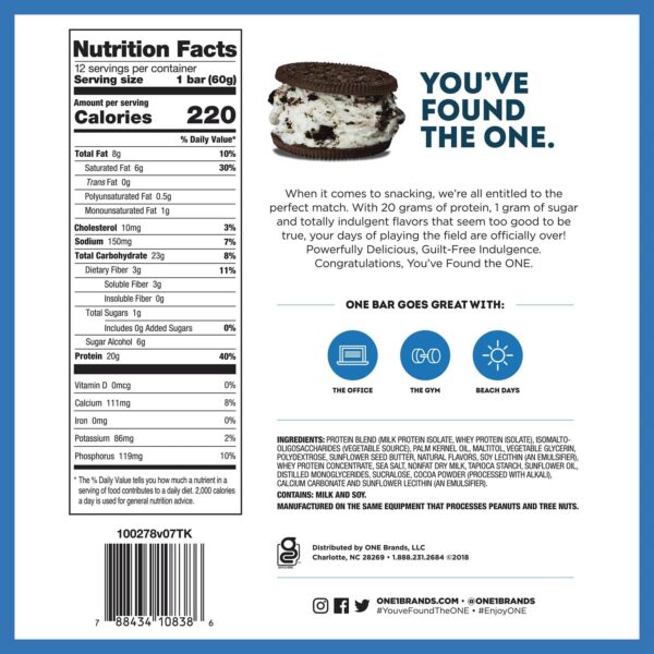 ONE Protein Bars, Cookies & Creme, Gluten Free Protein Bars with 20g Protein and Only 1g Sugar, Guilt-Free Snacking for High Protein Diets, 2.12 oz (12 Count)
