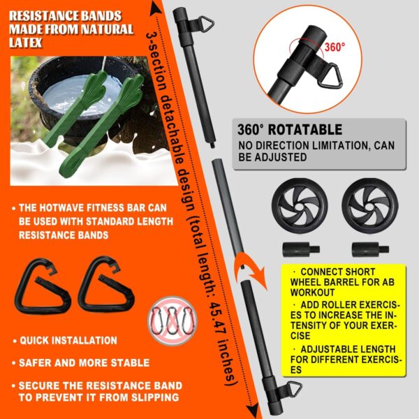 HOTWAVE Resistance Bands Bar with Ab Roller,Portable Home Gym, Strength Training Equipment, Squats, Bench Presses,Weightlifting, Full Body Exercise
