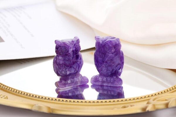 QINJIEJIE 2" Amethyst Owl Decor Crystals Stone Figurines Carved Gemstone Owls Statue Healing Home Room Sculpture Natural Lucky Owl Decorations Cute Purple Office Desk for Women Men