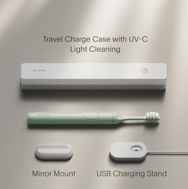 SURI Electric Toothbrush—Sustainable Electric Toothbrushes Adults, Slim Sonic Toothbrush & Accessories, 40-Day Battery, Travel Toothbrush with UV Cleaning Case, Ideal Christmas Gifts for Women & Men