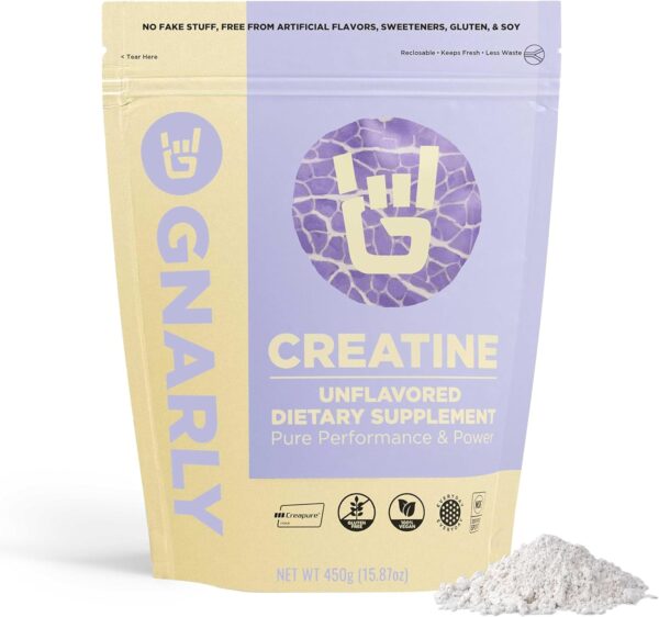 Gnarly Nutrition Creatine Powder - Creapure, Vegan Supplement, NSF Sport Certified, Optimized Recovery, Sports Nutrition, 5g Creatine Monohydrate, Unflavored (15.87oz)