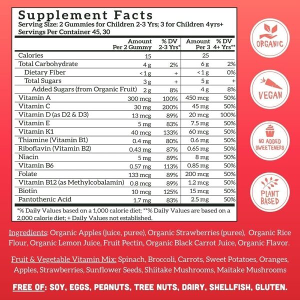 Llama Naturals Real Fruit Gummy Vitamins for Kids, No Added Sugar Cane, Beta Carotenes, Whole Food Multivitamin, Vegan Toddler Gummies, Plant Based, Organic, Chewable 90 ct (30-45 Days) Strawberry