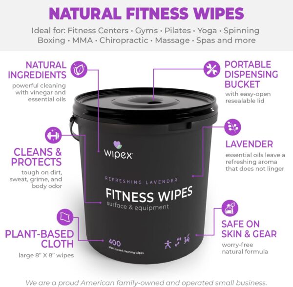 Wipex Gym Wipes – Natural Fitness Equipment Wipes, Plant-Based Cloth - Lavender and Vinegar Wipes to Clean Surfaces, Safe Yoga Mat Cleaner Wipes, All Purpose Gym Cleaner & Peloton Wipes, 400 Count
