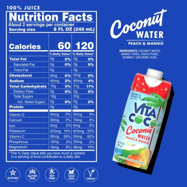 Vita Coco Coconut Water, Peach & Mango - Naturally Hydrating Electrolyte Drink - Smart Alternative to Coffee, Soda, and Sports Drinks - Gluten Free - 16.9 Fl Oz (Pack of 12)