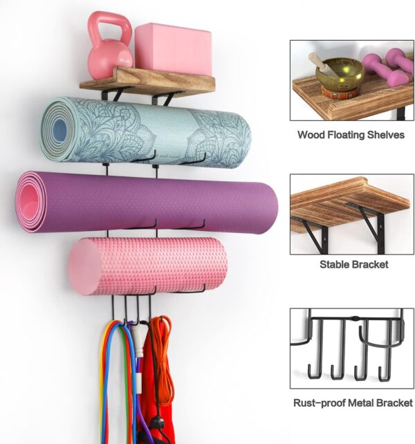 VINAEMO Yoga Mat Holder Accessories Wall Mount Organizer Storage Decor Foam Roller and Towel Storage Rack with 4 Hooks and Wooden Shelves Yoga Mats Rack Resistance Bands for Home Gym School Office