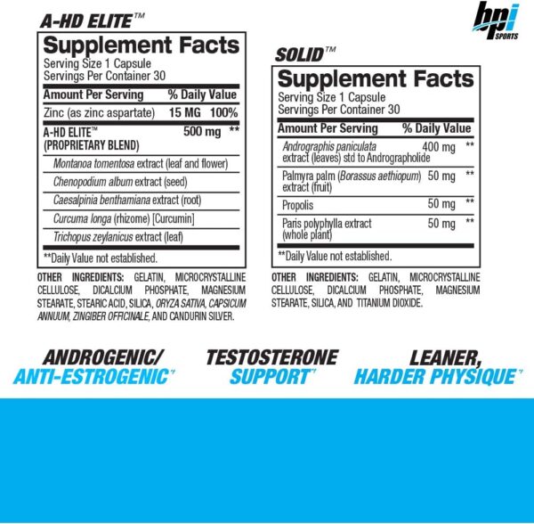 BPI Sports A-HD Elite/Solid (30 Capsules) – Men’s Testosterone Booster – Healthy Muscle, Strength, & Performance Support – Promotes Natural Fat Loss & Libido – 30 Servings – 550mg