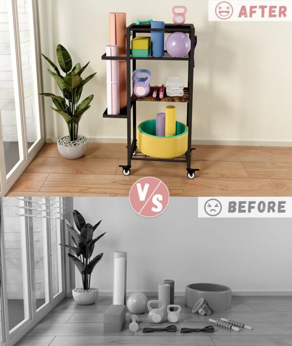 Yoga Mat Storage Rack with Wheels, 3 Tier Home Gym Workout Equipment Organizer for Dumbbells, Kettlebells, Foam Rollers