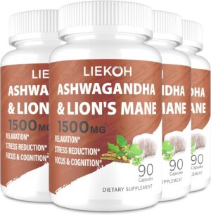 Ashwagandha & Lions Mane Supplement Capsules, 1500mg Powerful Brain Supplements for Memory and Focus, Immune & Relaxation, Mushroom Supplement with Rhodiola, Focus Supplement, 360Capsules