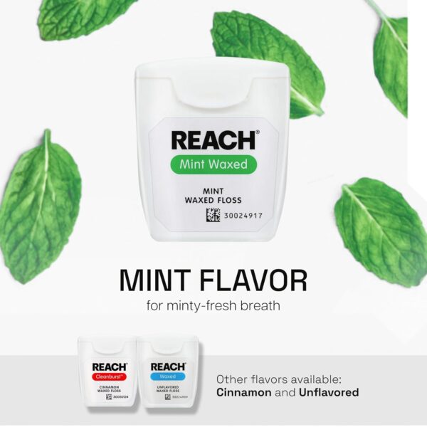 REACH Waxed Dental Floss, Mint, Plaque Remover for Teeth, Shred Resistant, Floss Slides Smoothly, Easy to Use, Waxed, Deep Cleaning Teeth, Oral Care, PFAS Free, for Adults & Kids, 6 Pack, 55 yd