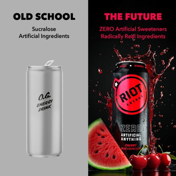 RIOT Clean Energy Drink, Cherry Watermelon, Organic, No Sugar Added, Made with Real Fruit, 100mg L-Theanine, 16 fl oz