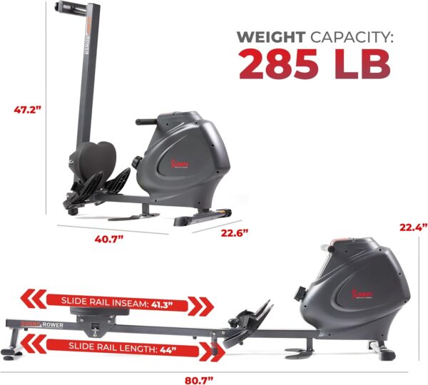 Sunny Health & Fitness Multi-Function Premium Magnetic Rowing Machine, Bicep Curls, Upward Rows, Seated Rows, Foldable Slide Rails, Digital Monitor and Optional Bluetooth with Free SunnyFit App