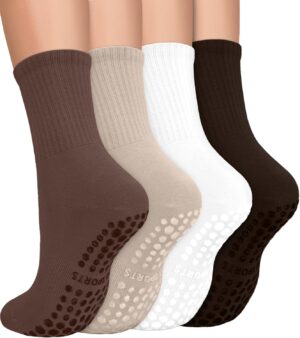 yeuG 4 Pairs Non Slip Pilates Socks with Grips for Women, Grip Socks for Yoga Barre Grippy Crew Socks Woman Sticky Socks