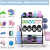 PLKOW Dumbbell Rack, Weight Rack for Dumbbells, Home Gym Storage for Dumbbells Kettlebells Yoga Mat and Balls, All in One Workout Storage with Wheels and Hooks, Powder Coated Finish Steel