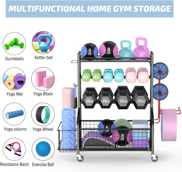 PLKOW Dumbbell Rack, Weight Rack for Dumbbells, Home Gym Storage for Dumbbells Kettlebells Yoga Mat and Balls, All in One Workout Storage with Wheels and Hooks, Powder Coated Finish Steel