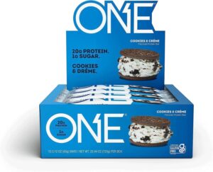 ONE Protein Bars, Cookies & Creme, Gluten Free Protein Bars with 20g Protein and Only 1g Sugar, Guilt-Free Snacking for High Protein Diets, 2.12 oz (12 Count)