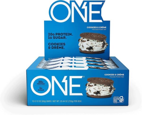 ONE Protein Bars, Cookies & Creme, Gluten Free Protein Bars with 20g Protein and Only 1g Sugar, Guilt-Free Snacking for High Protein Diets, 2.12 oz (12 Count)