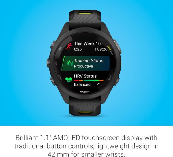 Garmin Forerunner 265S Running Smartwatch, Colorful AMOLED Display, Training Metrics and Recovery Insights, Black and Amp Yellow, 42 mm