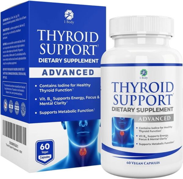 1 Body Thyroid Support Supplement with Iodine, B12, Zinc, Selenium, Ashwagandha, Non-GMO, Vegetarian, 30 Day Supply