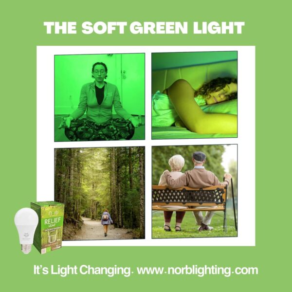 NorbRELIEF Leaf - Soft Green Forest Bathing LED Light Bulb for Meditation, Relaxation, Migraine, Pain Relief and Calm - A19 Standard Base - Patent Pending Non-Drug Pain Relief. Green Light Therapy.