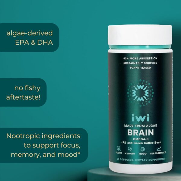 iwi life Brain Omega-3, 180 Softgels (90 Servings), Vegan Plant-Based Algae Omega-3 with EPA + DHA, Focus, Memory and Mood Support Dietary Supplement, Krill & Fish Oil Alternative, No Fishy Aftertaste
