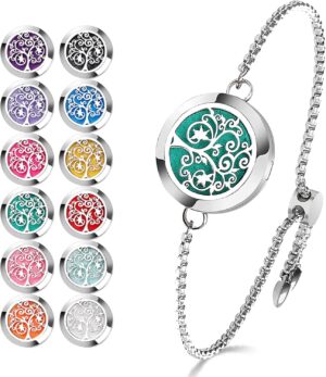 ttstar Essential Oil Diffuser Bracelet Stainless Steel Aromatherapy Locket Adjustable Diffuser Bracelet with 24pcs Refill Pads in 12 Colors Gift Set for Women Girls Mother's Day Christma(Tree of Hope)