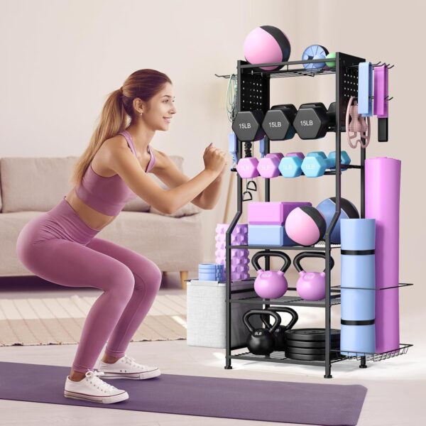 Dumbbell Rack, Home Gym Storage for Dumbbells Kettlebells Yoga Mat & Strength Training Equipments, Weight Rack with Peg Board Organizer, Workout Storage Gym Organizer Gym Equipment Storage