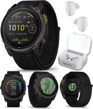 Wearable4U Garmin Enduro 3 – 51 mm, Solar, Sapphire, Ultraperformance GPS Smartwatch, Carbon Gray DLC Titanium with Black UltraFit Nylon Strap White Earbuds Bundle