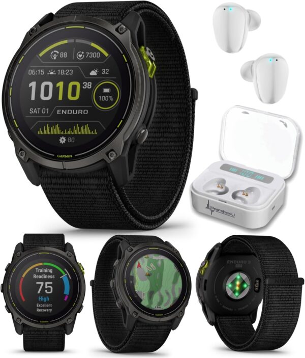 Wearable4U Garmin Enduro 3 – 51 mm, Solar, Sapphire, Ultraperformance GPS Smartwatch, Carbon Gray DLC Titanium with Black UltraFit Nylon Strap White Earbuds Bundle