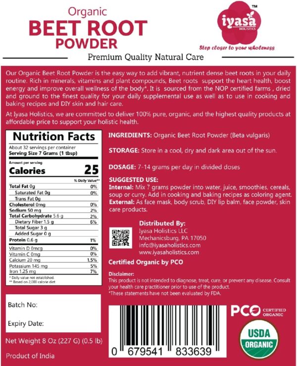 Iyasa Organic Beet Root Powder, Plant Based, Vegan, Gluten-Free, Beetroot Superfood, Nitric Oxide Boost, Pre Post Workout Supplement, Baking and Cooking 1 lb 16 oz 453 gm