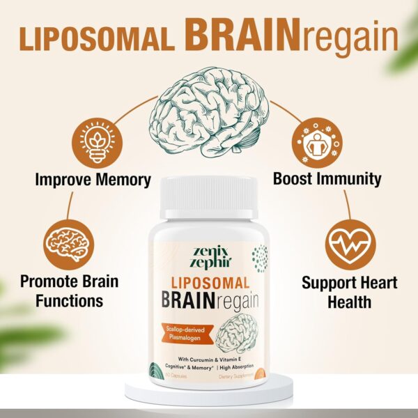 Liposomal Brain Supplements for Memory and Focus - Plasmalogen with Curcumin & Vitamin E for Better Absorption- Suitable for Seniors,Adult Men & Women Cognitive Health,High Potency 60 Servings