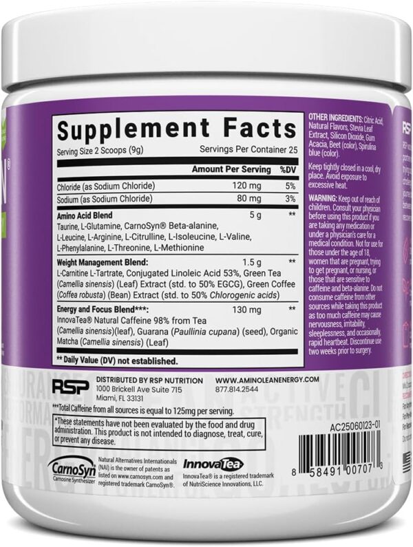 RSP AminoLean - All-in-One Natural Pre Workout, Amino Energy, Weight Management - Vegan BCAAs, Preworkout for Men & Women, Acai, 25 Serv