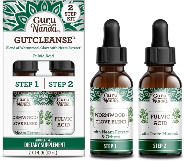 GuruNanda Gutcleanse 2-Step Kit - Dietary Supplement to Help with Digestion - Blend of Fulvic Acid, Wormwood, Clove & Neem Extract, 2x1 FlOz