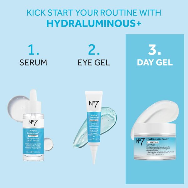 No7 HydraLuminous+ Hydrating Day Gel Moisturizer - Hyaluronic Acid and Vitamin B3 Niacinamide Face Moisturizer to Hydrate, Protect & Refresh Skin - Supports Skin Barrier Repair (1.69 Fl Oz)
