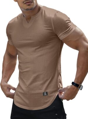 PLEPAN Mens Muscle T Shirts V Neck Short Sleeve Henley Shirt Hipster Longline Gym Workout Athletic Tee Shirts
