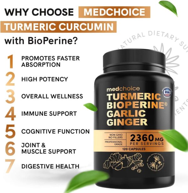 4-in-1 Turmeric and Garlic Supplements with Bioperine 2360 mg Turmeric Ginger Root Capsules with Garlic for Joint, Digestion & Immune Support (120 ct)
