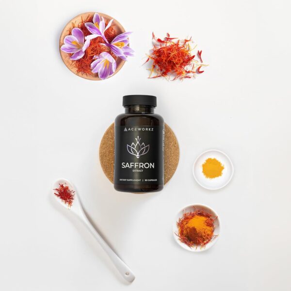 ACEWORKZ Saffron Supplements - 100% Pure Saffron Extract Capsules - Boost Energy & Mood, Support Eye & Heart Health - for Women & Men (90 Capsules)