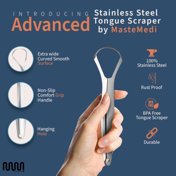 719BDTY0e9L._SL1500_.jpg MasterMedi Tongue Scraper for Adults, 100% Stainless Steel Tongue Scrubber for Bad Breath, Easy to Use, Tongue Cleaner for Oral Care & Hygiene (SPTC-1|with Case)
