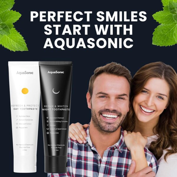 AquaSonic Complete Care Toothpaste - Refresh & Protect Day Toothpaste - Repair & Whiten Night Toothpaste - Flouride Free Natural - Anticavity Antiplaque Reharden Strengthen Whiten Detoxify