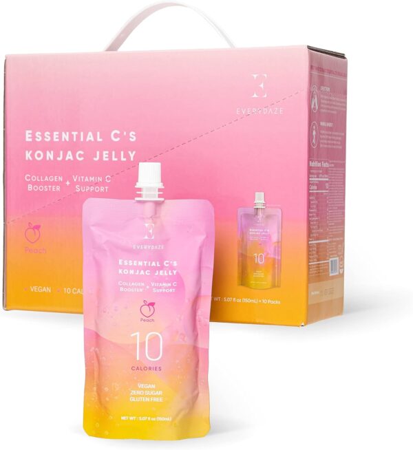 EVERYDAZE Essential C’s Konjac Jelly | Peach | Vegan Collagen Peptides, Gluten Free, Sugar Free, Low Calorie | Healthy Drinkable Fruit Snack | 10 Pack Box Food Drink Pouch