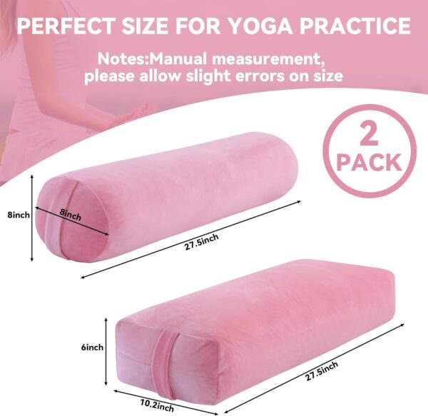 ROYALAY 2 Pcs Yoga Bolster Pillow for Restorative Yoga, Rectangular and Cylinder Meditation Pillow Set with Carrying Handles, Supportive Cushion for Exercise Workout Stretching Meditation,Pink