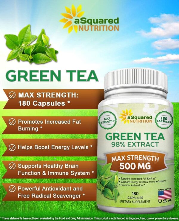 aSquared Nutrition Green Tea Extract Supplement with EGCG - 180 Capsules-Max Potency Fat Burner 500 mg Pills for Weight Loss, Boost MetabolismHeart Health, All-Natural Low Caffeine Diet Detox