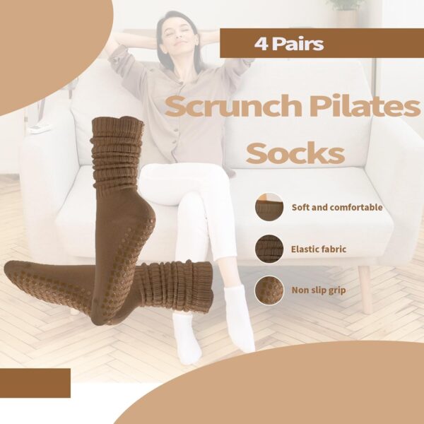 Grip Pilates Socks for Women,4 Pack Long Scrunch Socks, Non-slip Knee High Slouch Yoga Socks,Girl Crew Sticky Socks