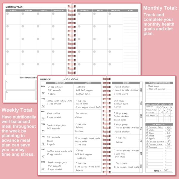 Weekly Meal Planner - A5 Weekly & Daily Meal Prep Journal with Shopping and Grocery Lists for Menu Planning, 93 Sheets/186 Pages Healthy Diet & Weight Loss Tracking, Undated, 52 Weeks, Lasts 1 Year,