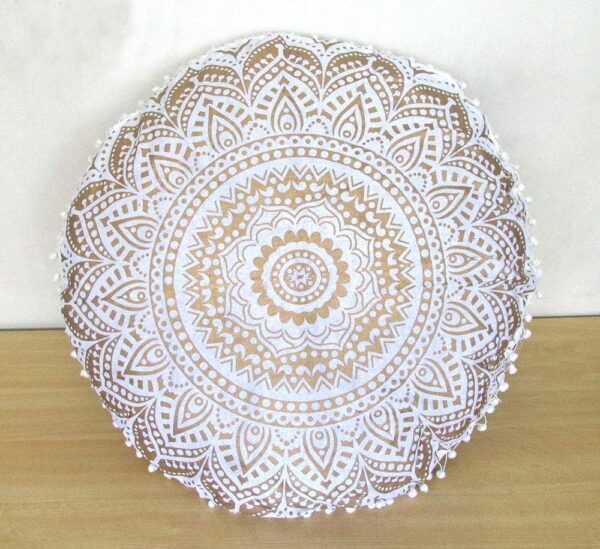 CRAFT KALA 32 Inch Meditation Floor Pillow Cover Round Pillow Seating Hippie Decorative Adults Bohemian Mandala Cushion Cover Outdoor Living Room Throw Ottoman Poufs Cover (White Gold Ombre)