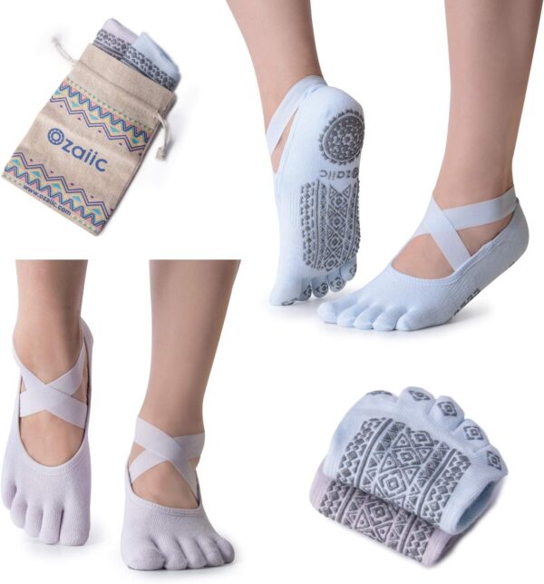 Ozaiic Yoga Socks for Women with Grips, Non-Slip Five Toe Socks for Pilates, Barre, Ballet, Fitness