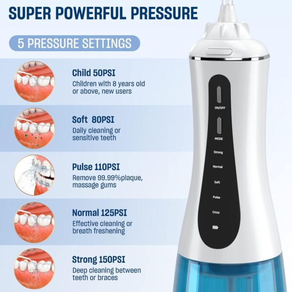 Cordless Water Dental Flosser for Teeth - 350ML Portable and Rechargeable Oral Irrigator with 5 Modes 6 Replaceable Tips - IPX7 Waterproof Powerful Battery Life Water Dental Picks for Travel Home Use