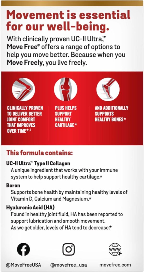 Move Free Ultra Triple Action Joint Support Supplement - Type II Collagen Boron & Hyaluronic Acid - Supports Joint Comfort, Cartiliage & Bones in 1 Tiny Pill Per Day, 64 Tablets (64 servings)