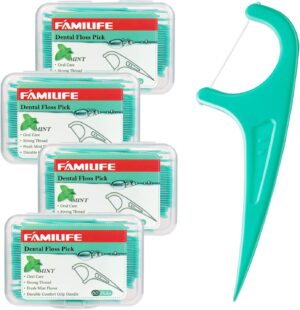 FAMILIFE Floss Picks, 240 Count Mint Dental Floss Cleaner, Tooth Picks Flossers with 4 Travel Handy Cases, Helps to Fight Tooth Decay and Keep Your Teeth Clean, Flossing Sticks for Family